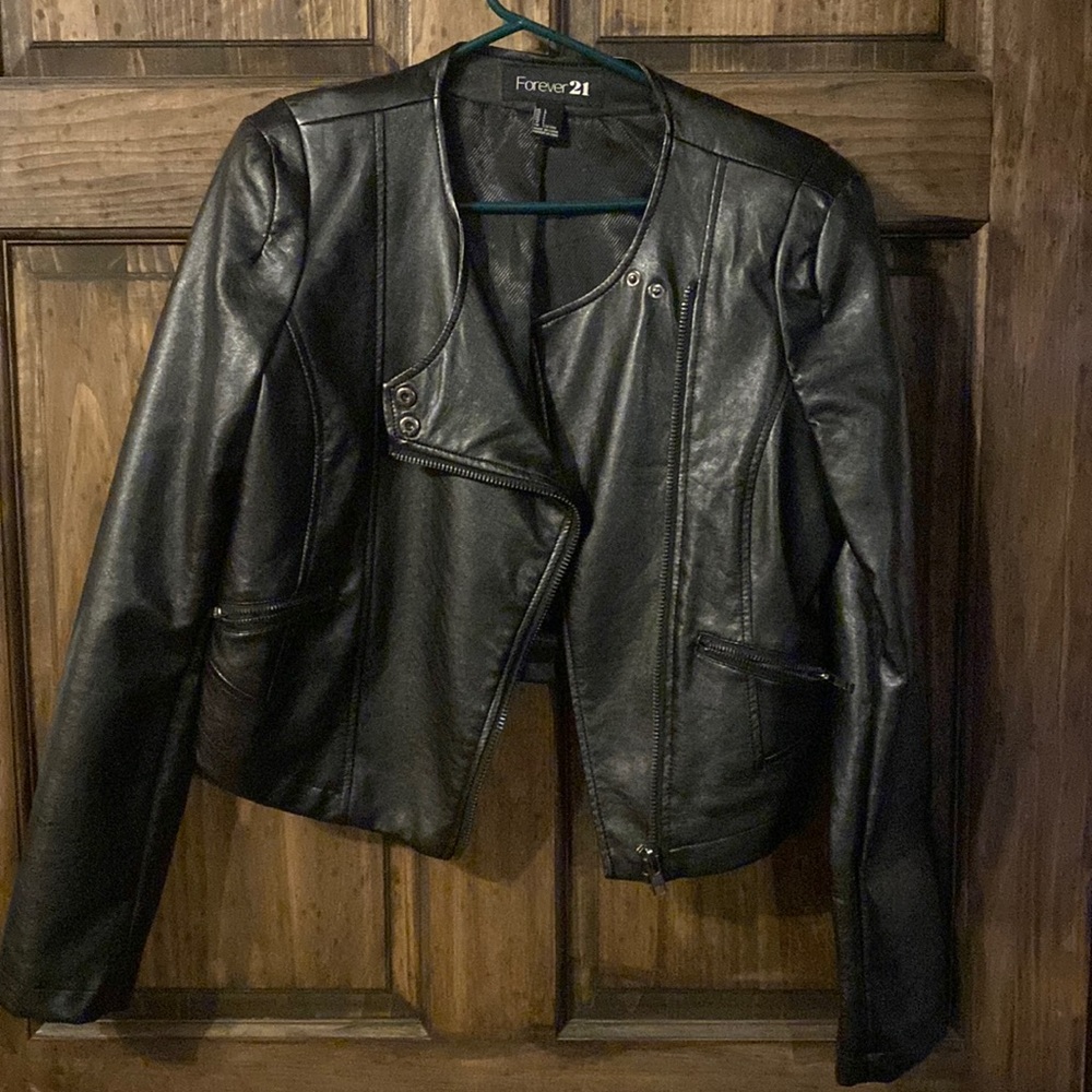 Black faux leather moto jacket